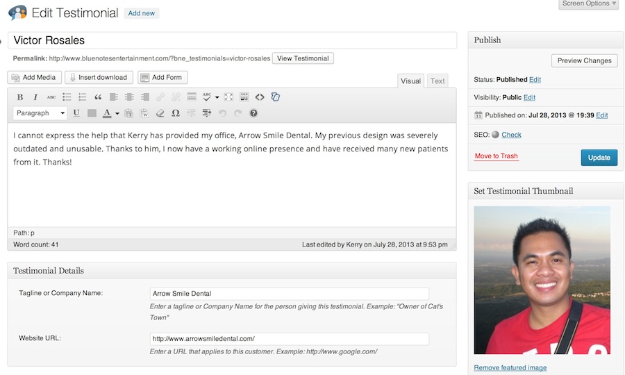 Testimonial Post Edit Screen